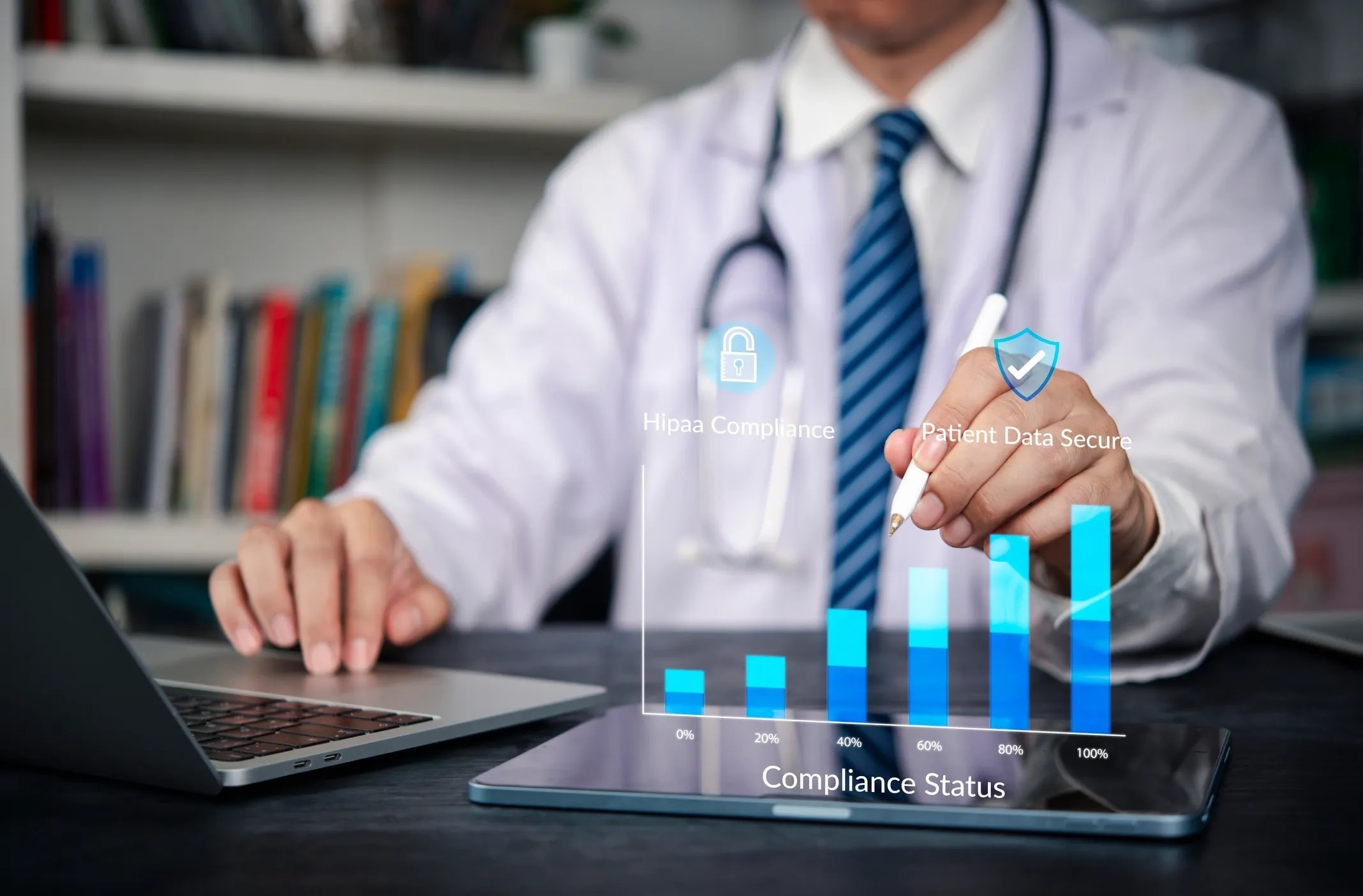 Healthcare finance analysis with a stethoscope and financial charts
